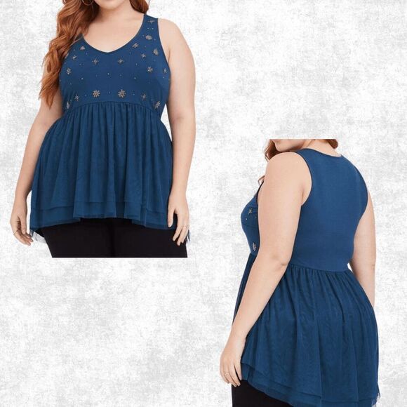 Torrid Star Embellished Mesh Babydoll Top – Plus Size 1 (14–16) | Celestial Blue - Picture 1 of 8